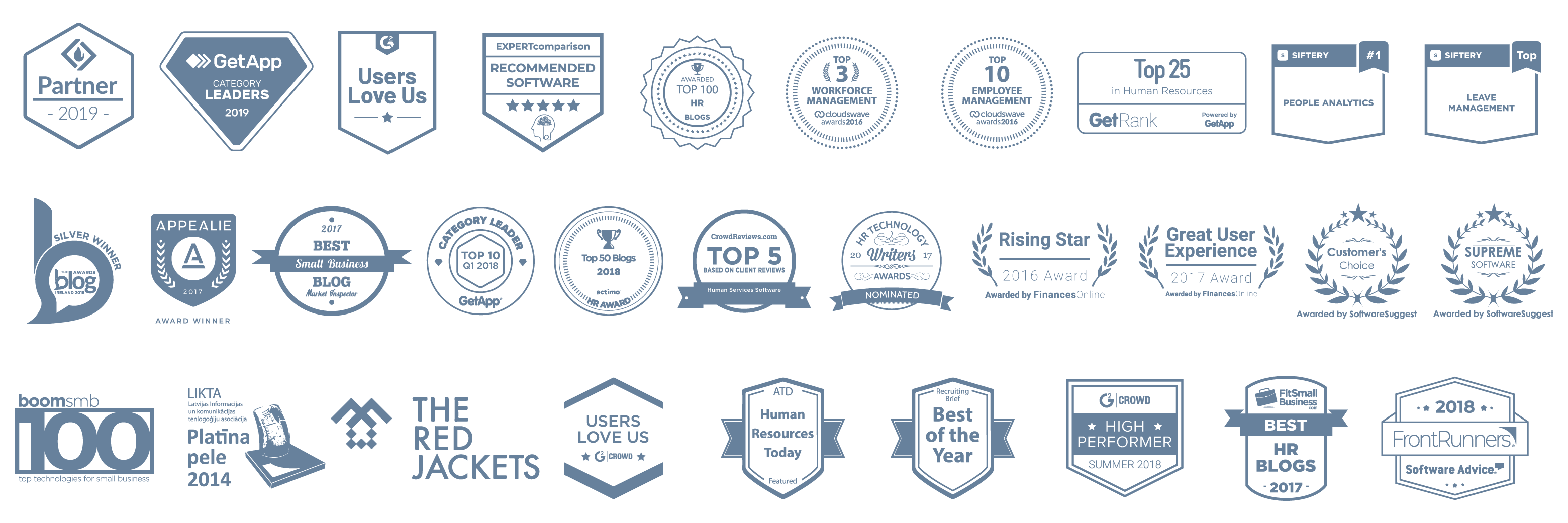 Logos of awards that Sage HR has received